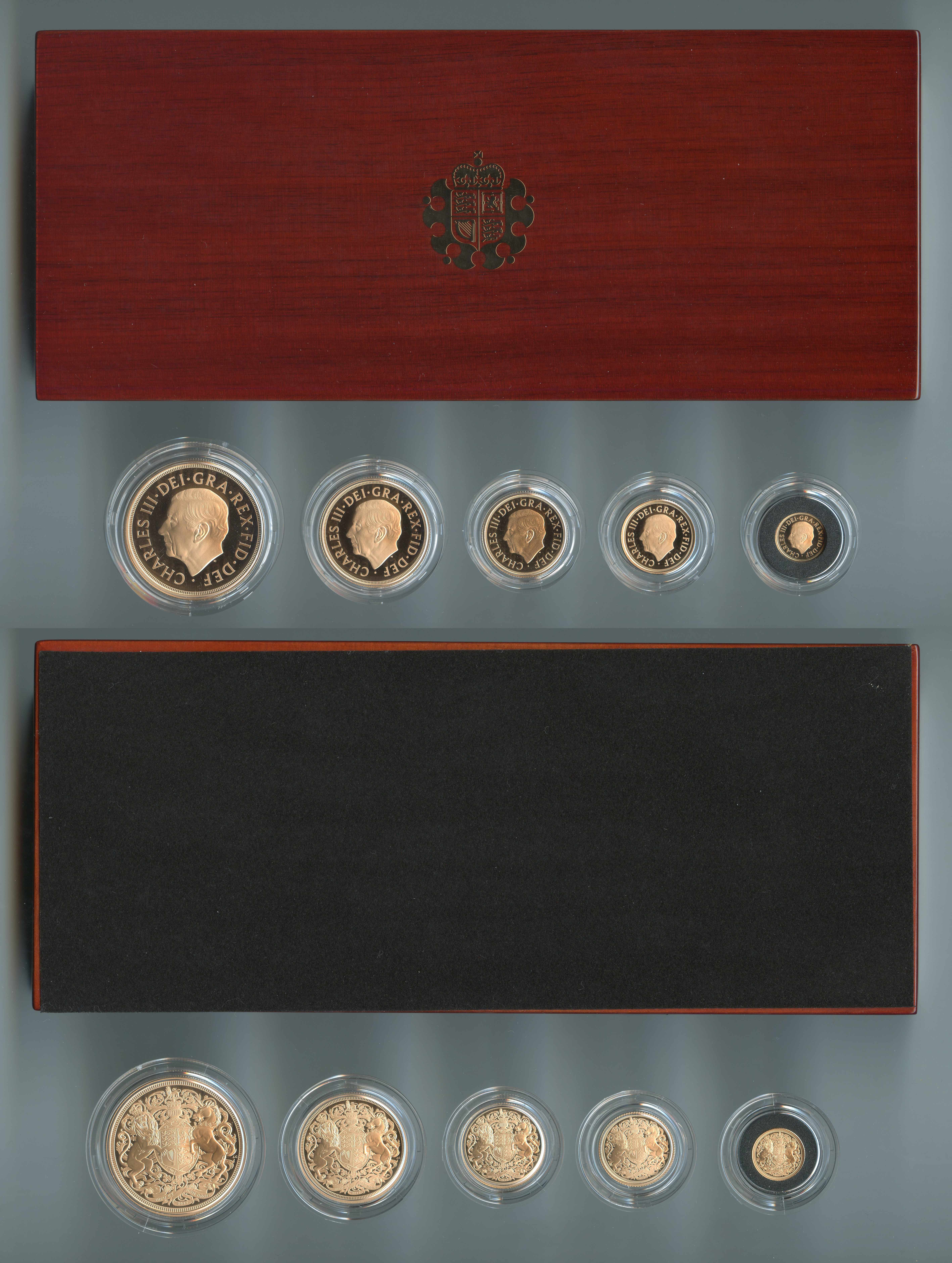 REGNO UNITO, Charles III, "Memorial Elizabeth II" Five coin proof set 2023, "1/4 - 1/2 e 1 Sovereign, 2 & 5 Pounds"