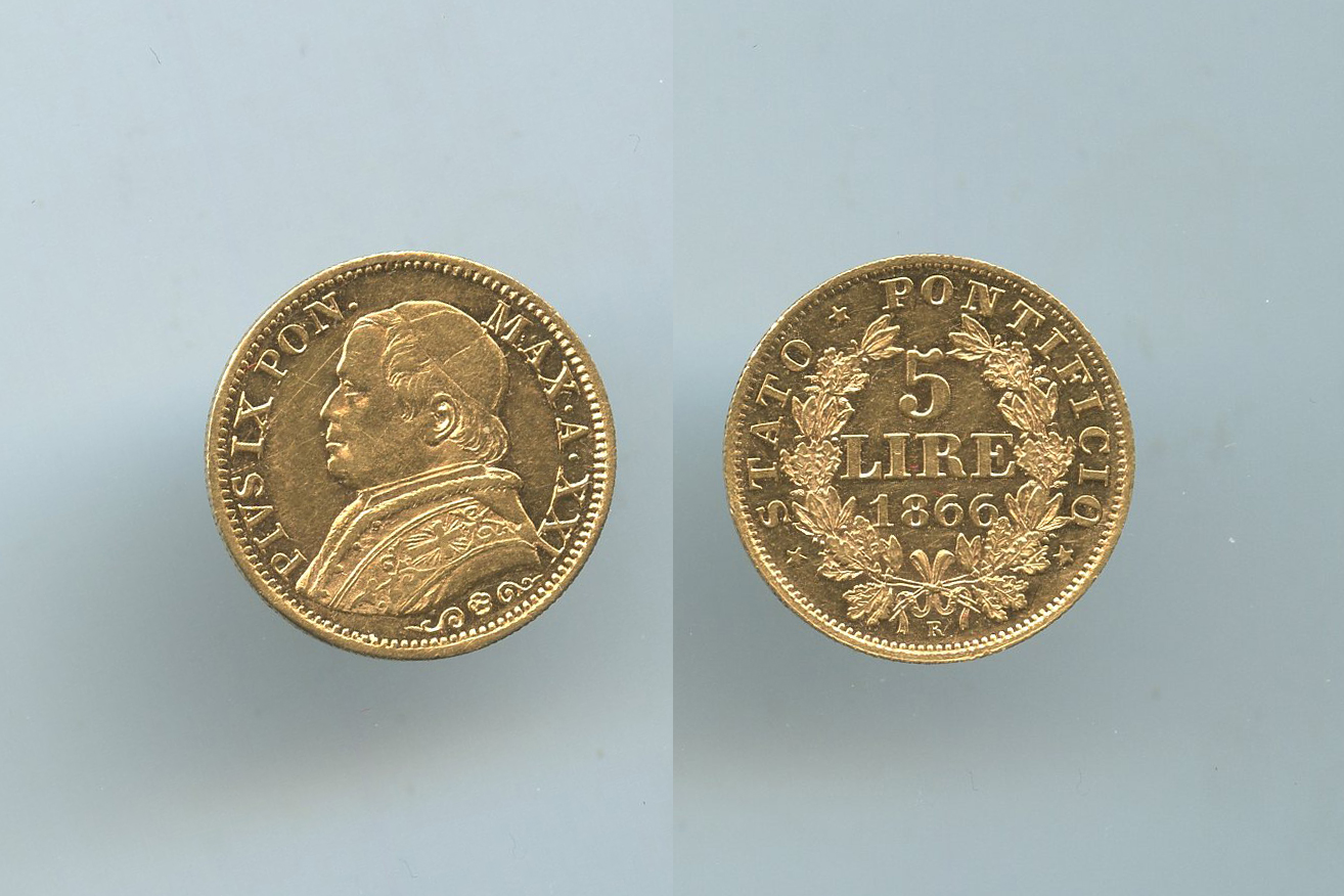 STATO PONTIFICIO, Pio IX (1846-1870) 5 Lire 1866 XXI