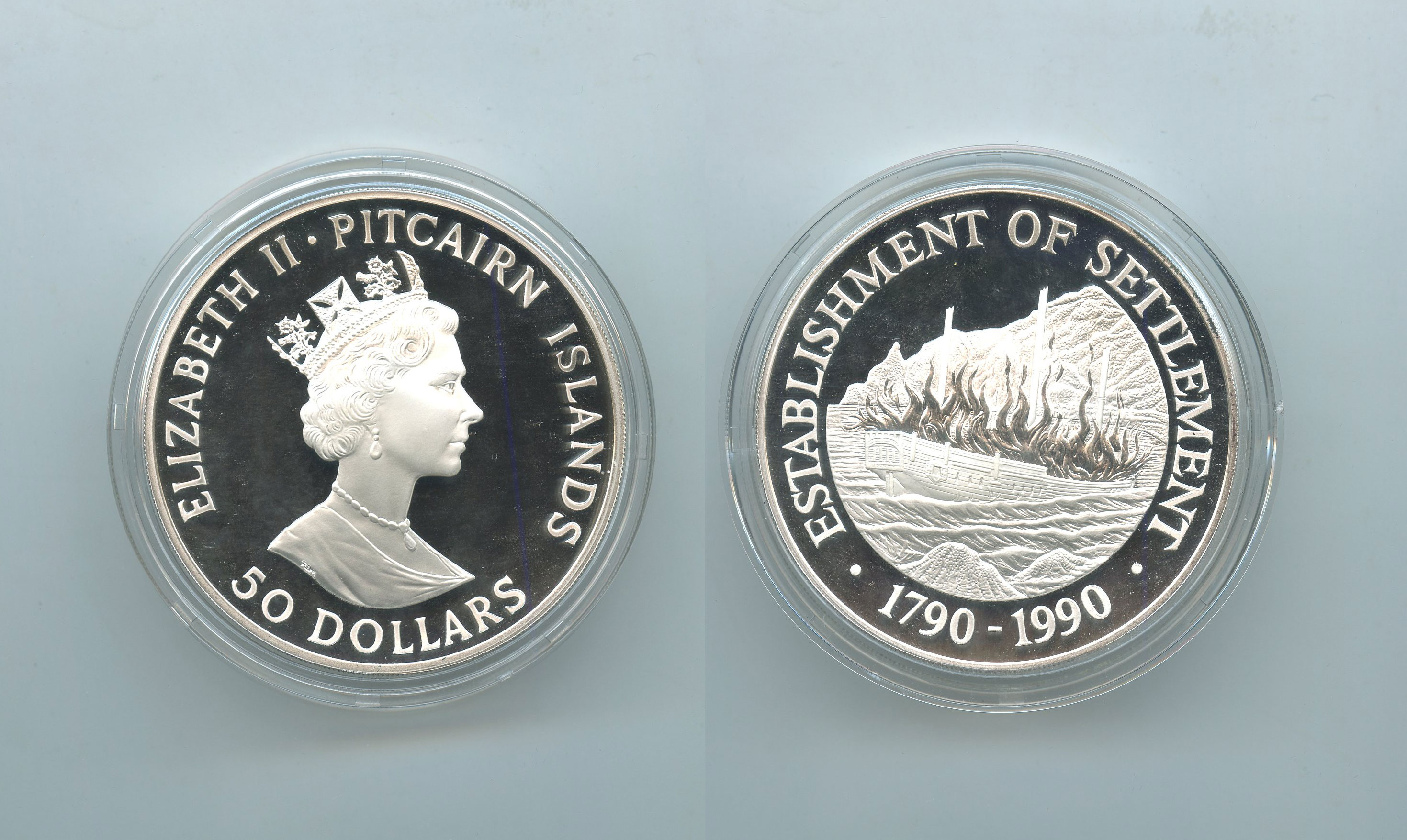 PITCAIRN ISLANDS, Elizabeth II, 50 Dollars 1990 "Establishment of settlement 1790-1990"