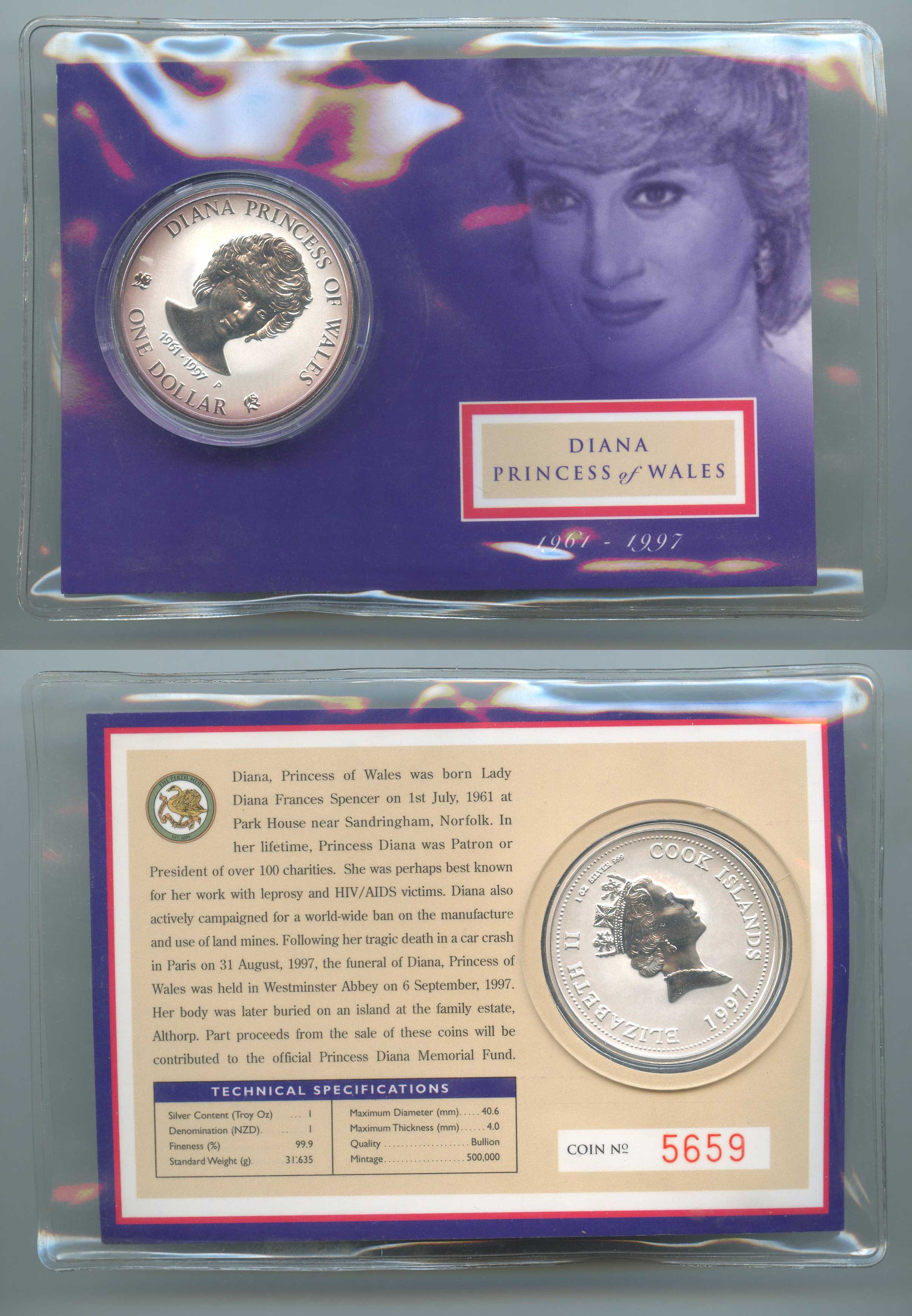 COOK ISLANDS, Elizabeth II, 1 Dollar 1997 "Lady Diana"