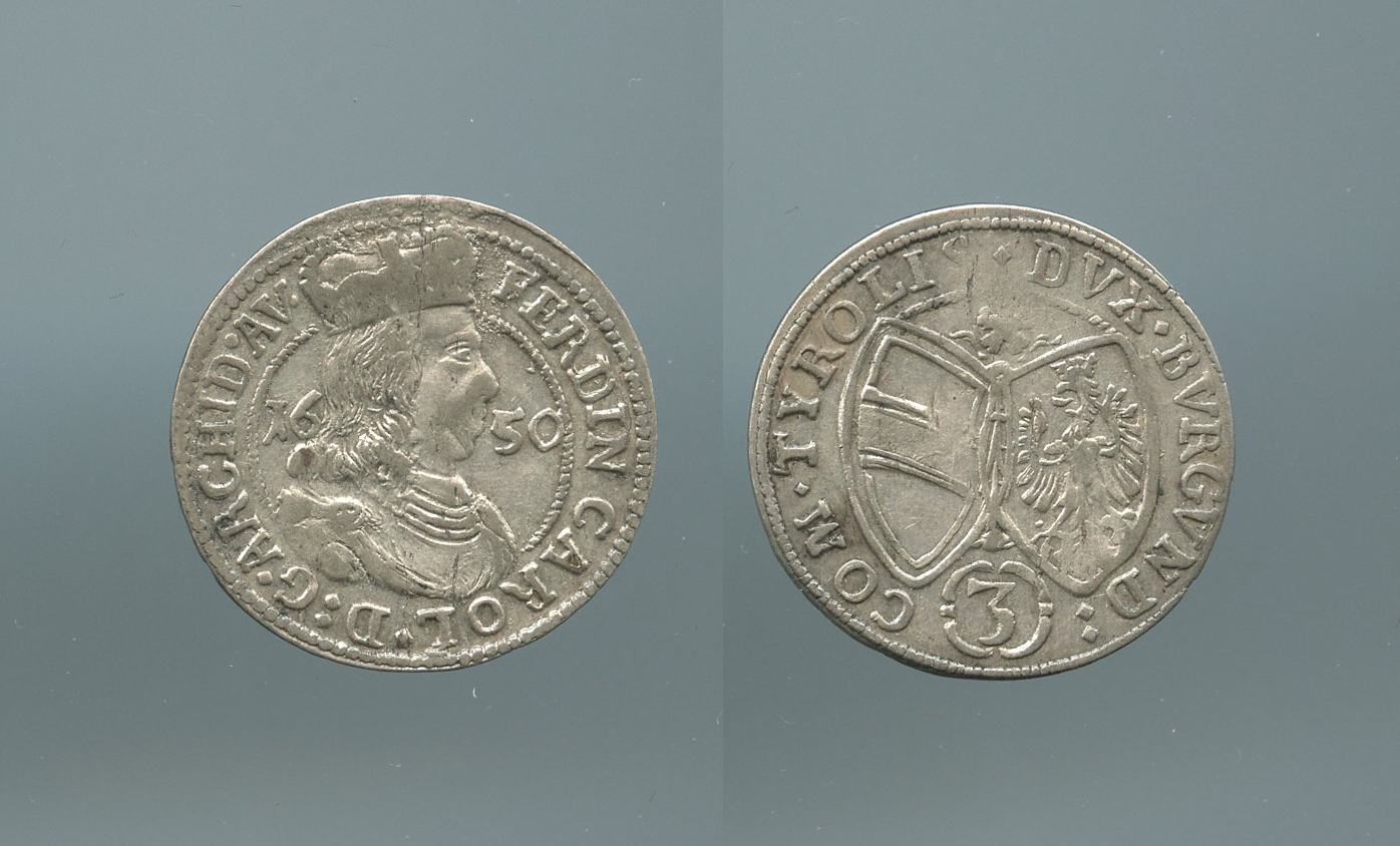 AUSTRIA, Tirolo, Ferdinand Karl (1632-1662) 3 Kreuzer 1650