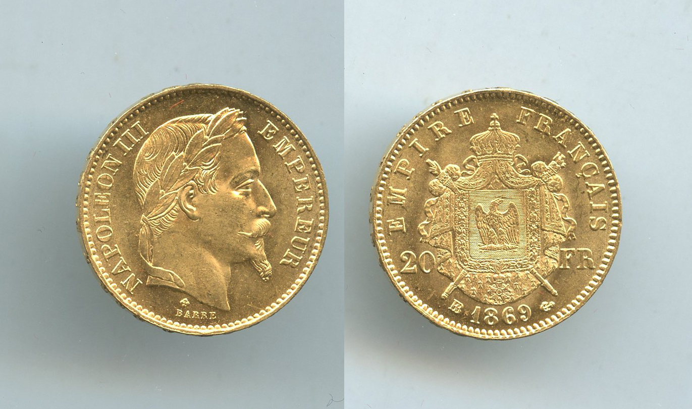 FRANCIA, Napoleone III (1852-1870) 20 Francs 1869 BB (grande)