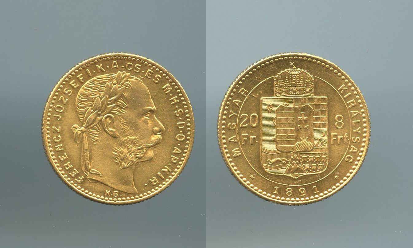 UNGHERIA, Franz Joseph (1848-1916) 20 Francs o 8 Florin 1891