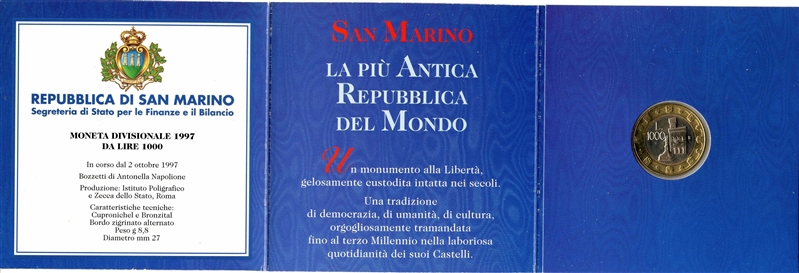 SAN MARINO, 1000 Lire 1997 'Leone Araldico' in confezione originale