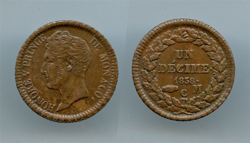 MONACO, Honor V (1819-1841) Decime 1838