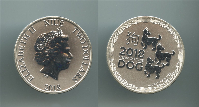 NIUE, Elizabeth II, 2 Dollars 2018, anno del cane