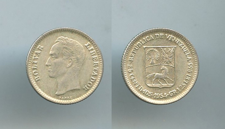 VENEZUELA, Repubblica, 25 Centimos 1954