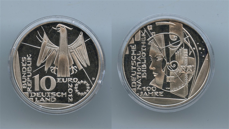 GERMANIA, 10 Euro 2012 D, "100 Biblioteca Nazionale tedesca"
