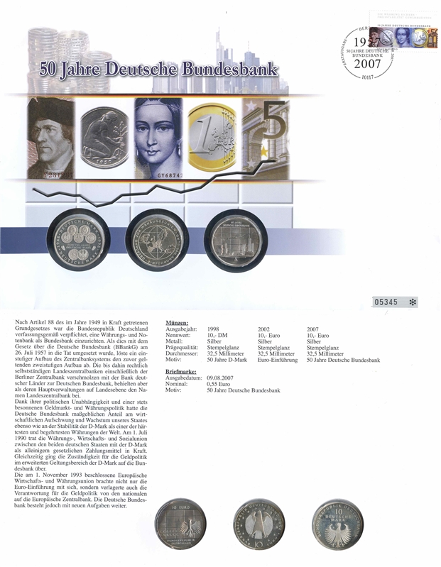 GERMANIA, Set 50 della Bundesbank, 10 Mark 1998 F, 10 Euro 2002 F e 10 Euro 2007 J