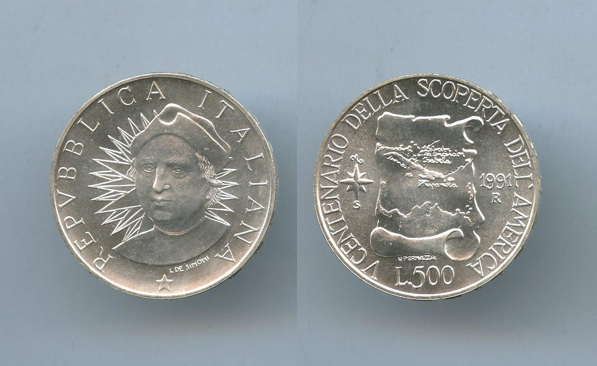 REPUBBLICA ITALIANA, 500 Lire 1991 "500° scoperta dell' America - Terza serie (le carte)"