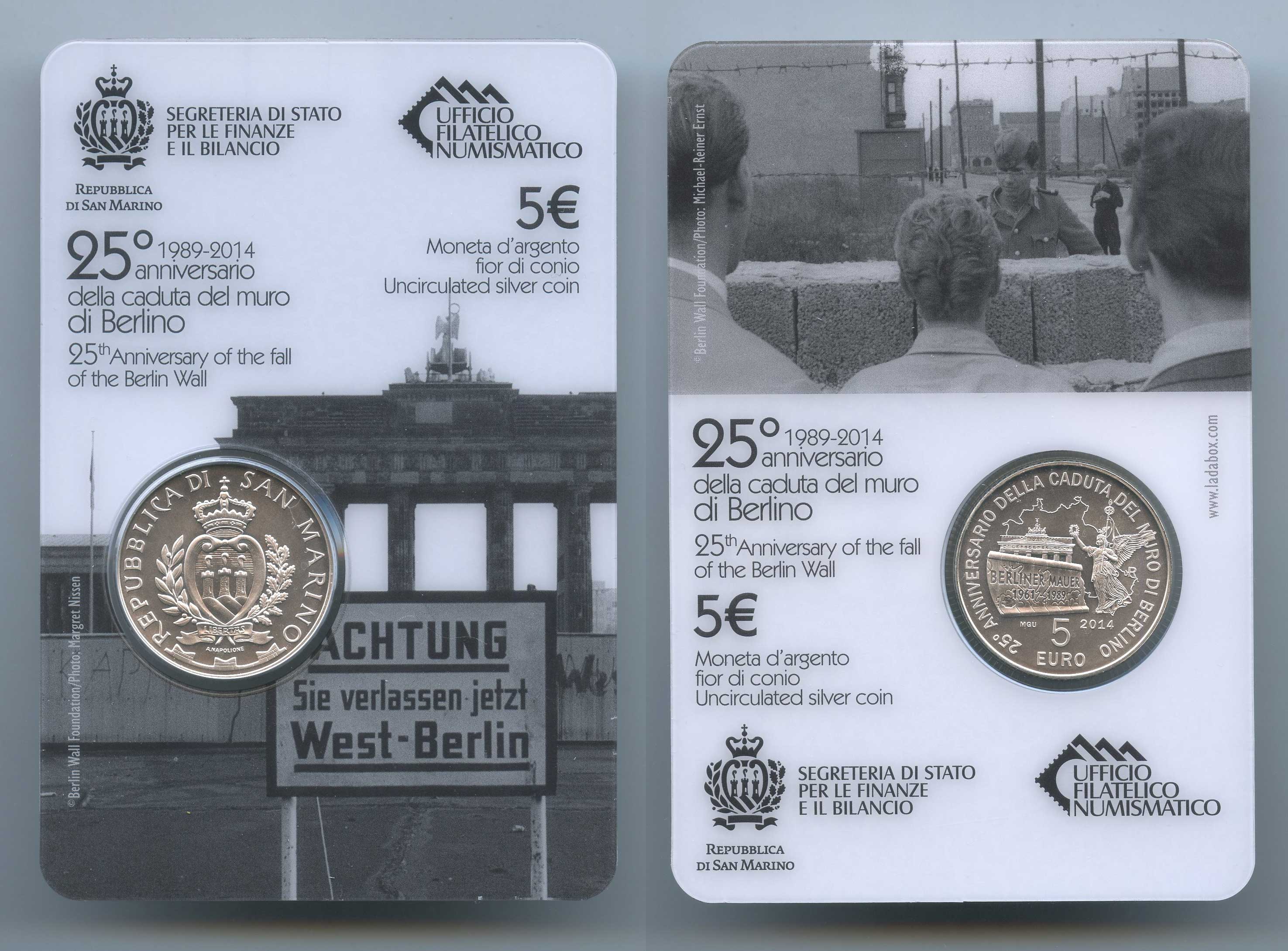 SAN MARINO, 5 Euro 2014 "25° caduta del Muro di Berlino