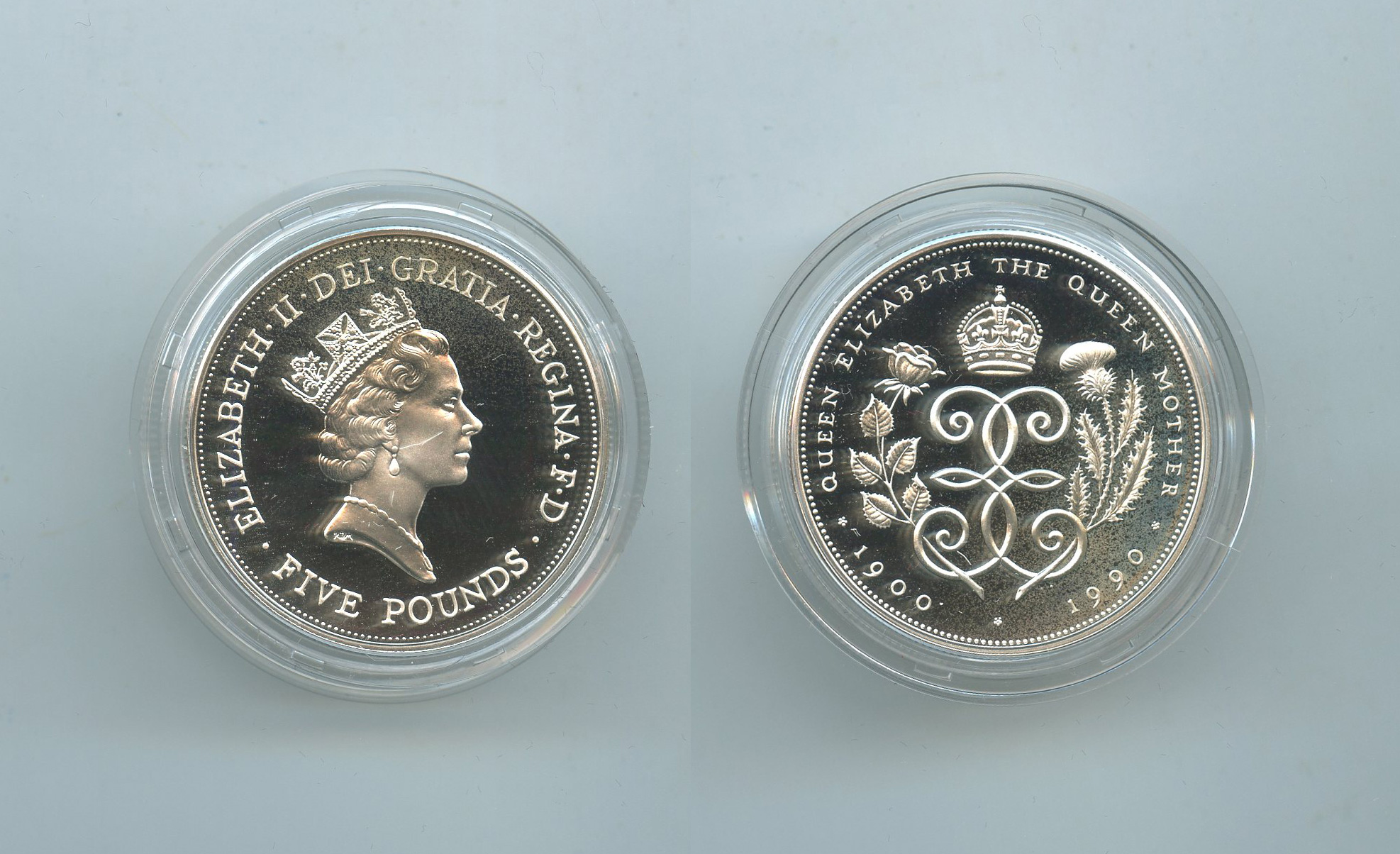 REGNO UNITO, Elizabeth II, 5 Pounds 1990 "90° Queen Mother"