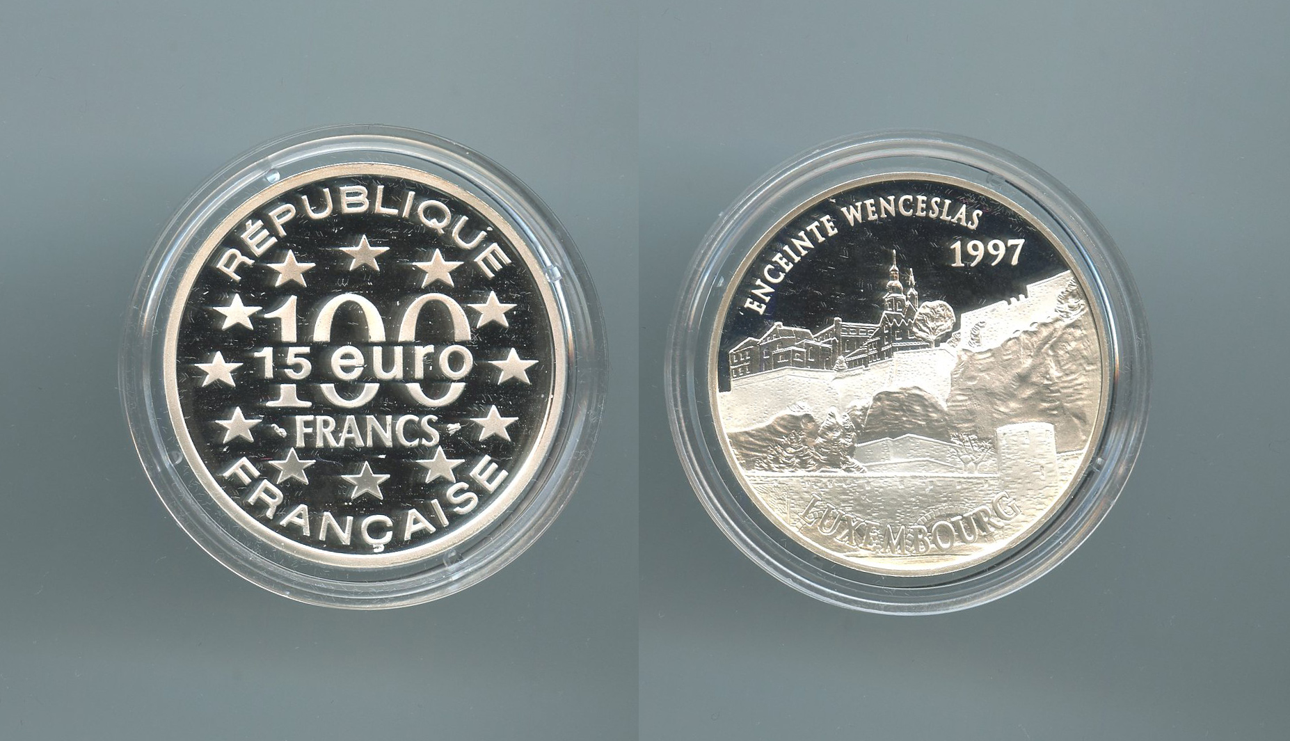 FRANCIA, 100 Francs - 15 Ecus 1997 "Il muro di Venceslao - Lussemburgo"
