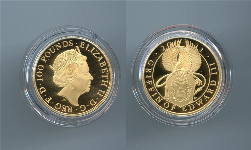 REGNO UNITO, Elizabeth II, 100 Pounds 2021 "Queen's Beasts - Griffin of Edward III" REGNO UNITO, Elizabeth II, 100 Pounds 2021 "Queen's Beasts - Griffin of Edward III"