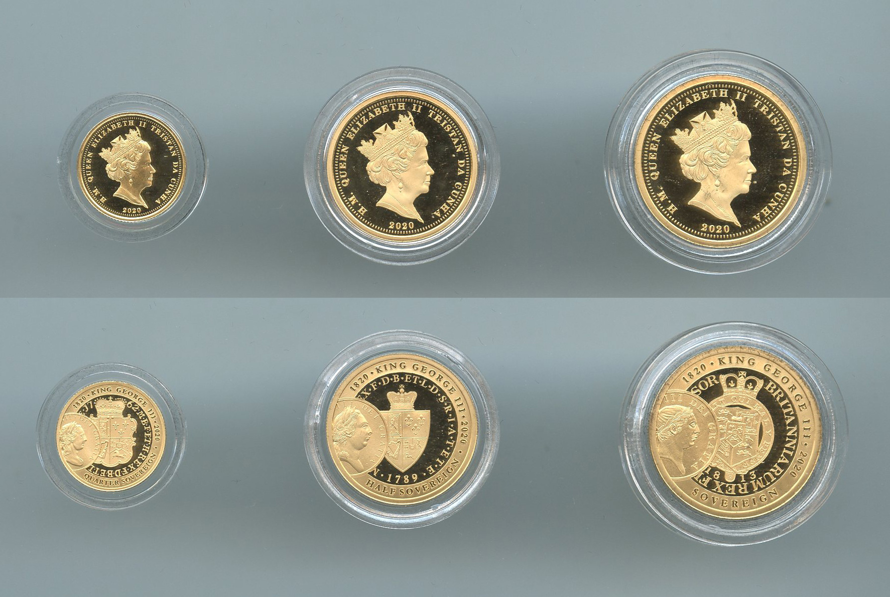 TRISTAN DA CUNHA, Elizabeth II, Prestige set 1 - 1/2 - 1/4 Sovereign 2020 "Duecentenario della morte di George III" TRISTAN DA CUNHA, Elizabeth II, Prestige set 1 - 1/2 - 1/4 Sovereign 2020 "Duecentenario della morte di George III"
