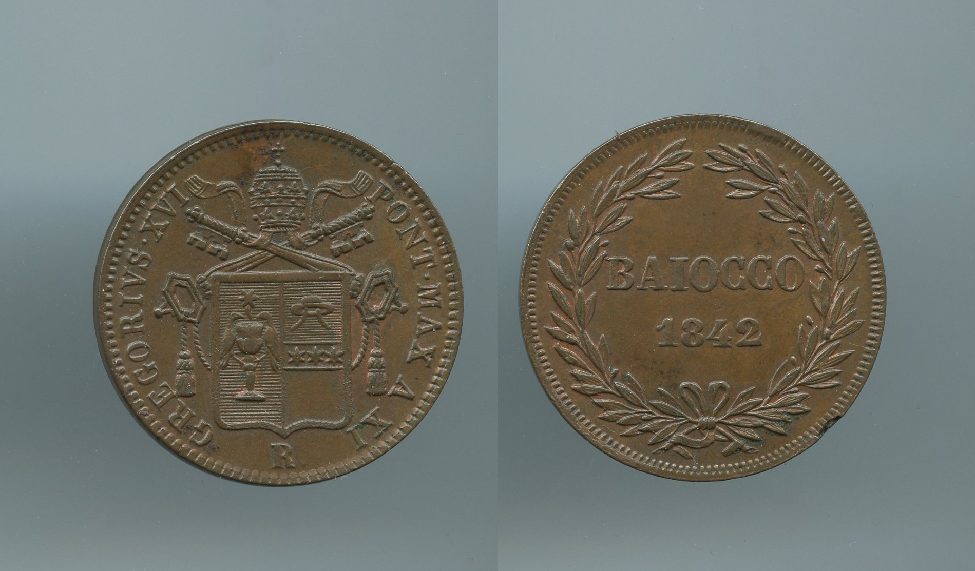 STATO PONTIFICIO, Gregorio XVI (1831-1846) Baiocco 1842 A. XI, Roma STATO PONTIFICIO, Gregorio XVI (1831-1846) Baiocco 1842 A. XI, Roma
