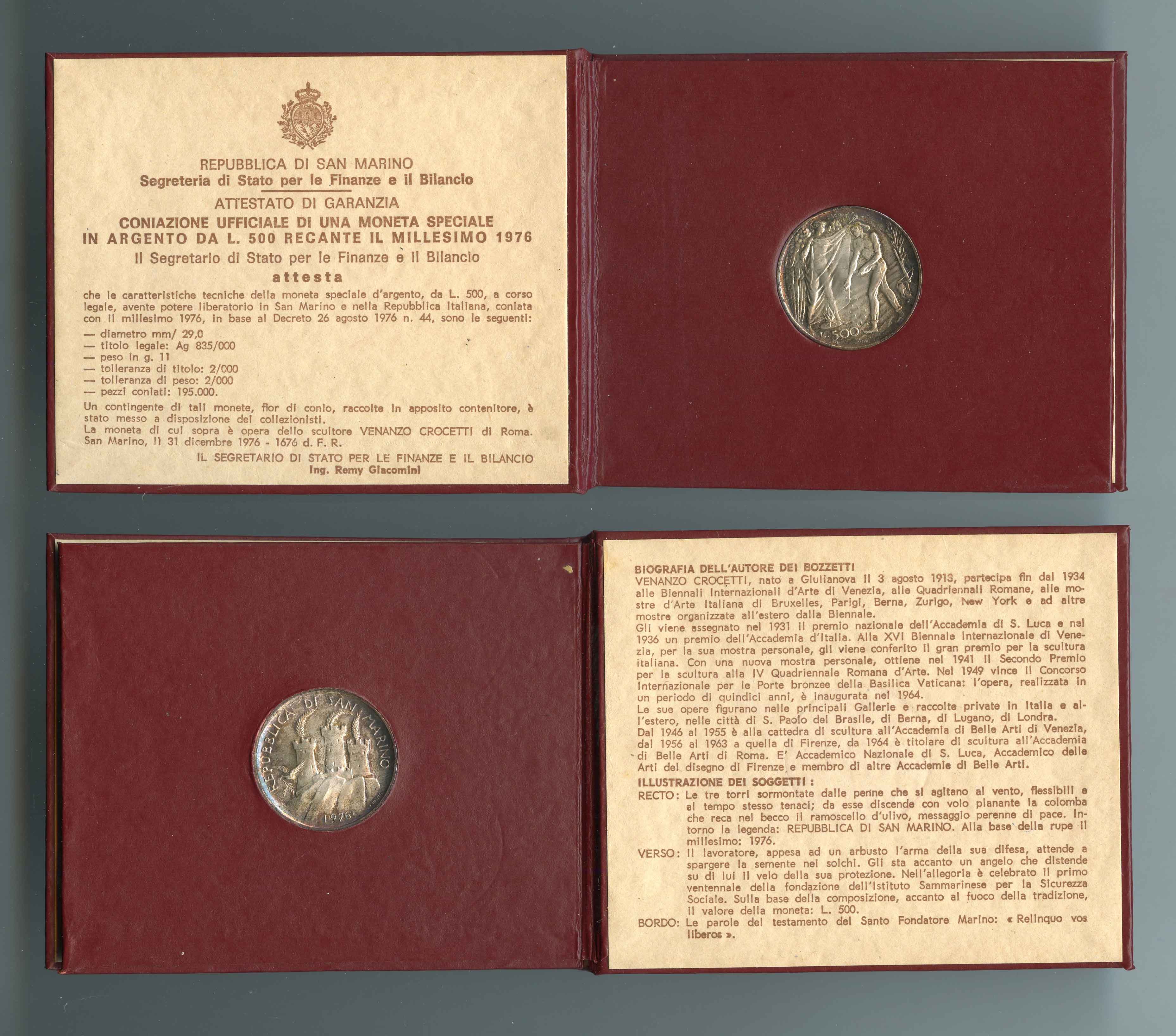 SAN MARINO, 500 Lire 1976 "Sicurezza Sociale"