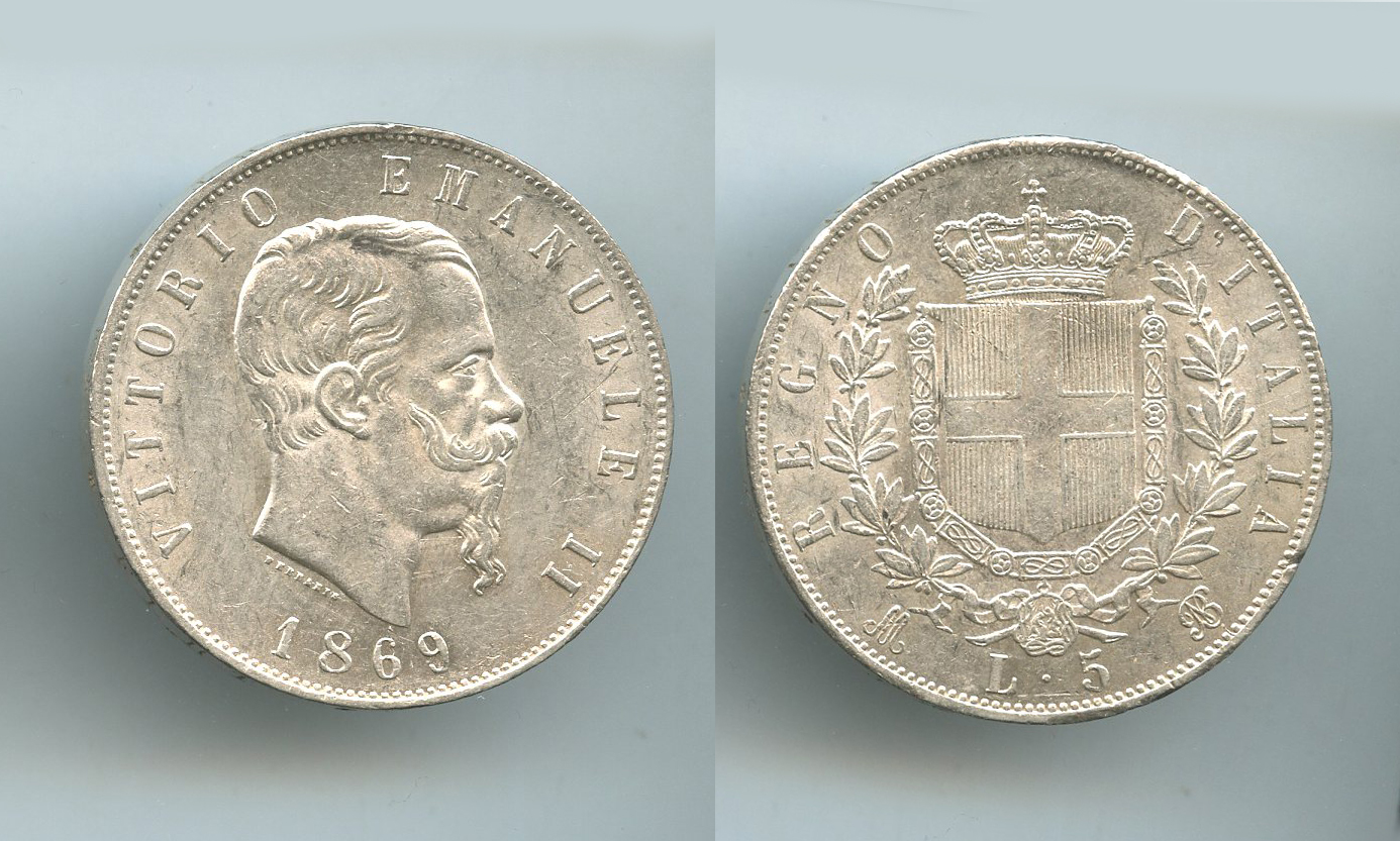 REGNO D' ITALIA, Vittorio Emanuele II (1861-1878) 5 Lire 1869 Milano