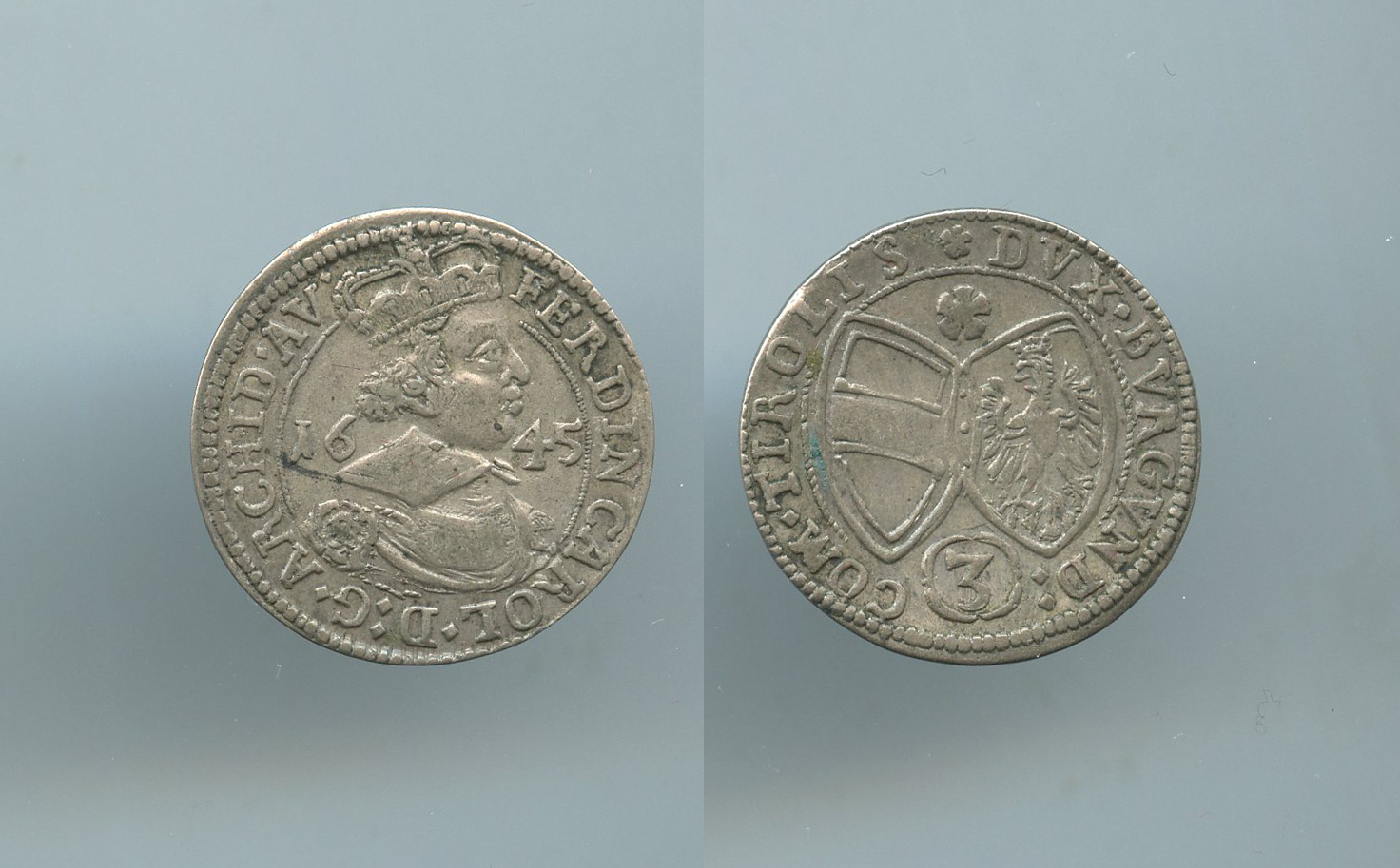 AUSTRIA, Tirolo, Ferdinand Karl (1632-1662) 3 Kreuzer 1645 AUSTRIA, Tirolo, Ferdinand Karl (1632-1662) 3 Kreuzer 1645