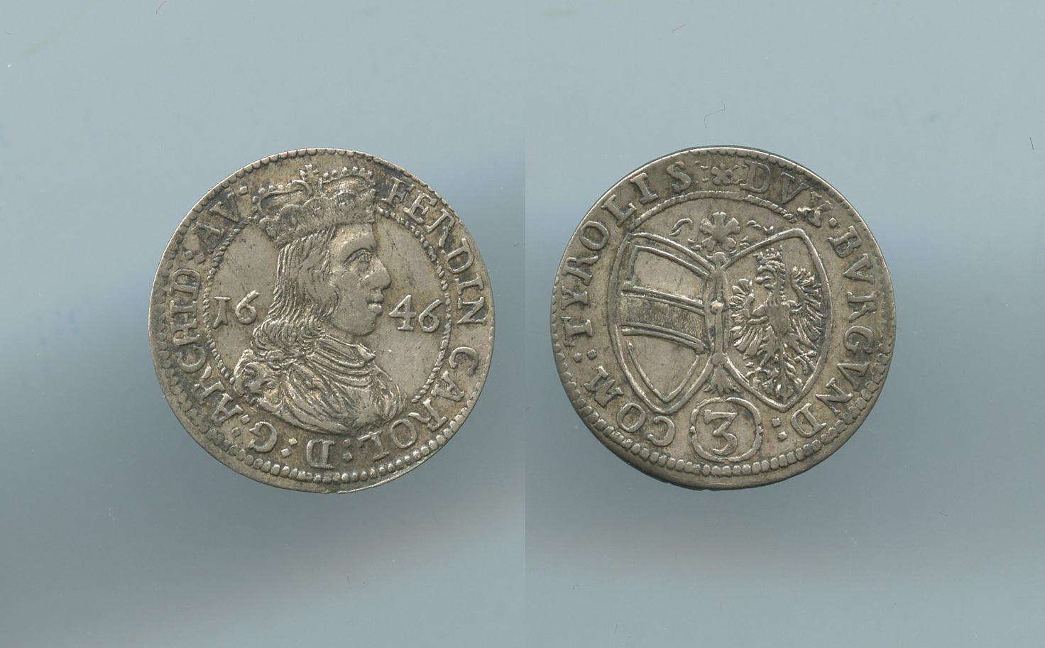 AUSTRIA, Tirolo, Ferdinand Karl (1632-1662) 3 Kreuzer 1646 AUSTRIA, Tirolo, Ferdinand Karl (1632-1662) 3 Kreuzer 1646