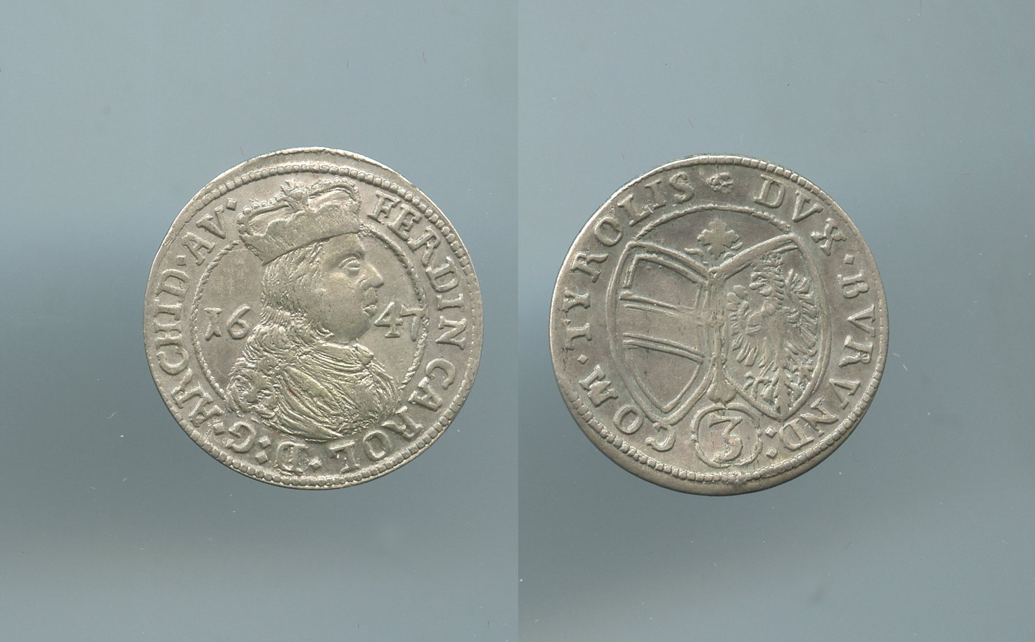 AUSTRIA, Tirolo, Ferdinand Karl (1632-1662) 3 Kreuzer 1647 AUSTRIA, Tirolo, Ferdinand Karl (1632-1662) 3 Kreuzer 1647