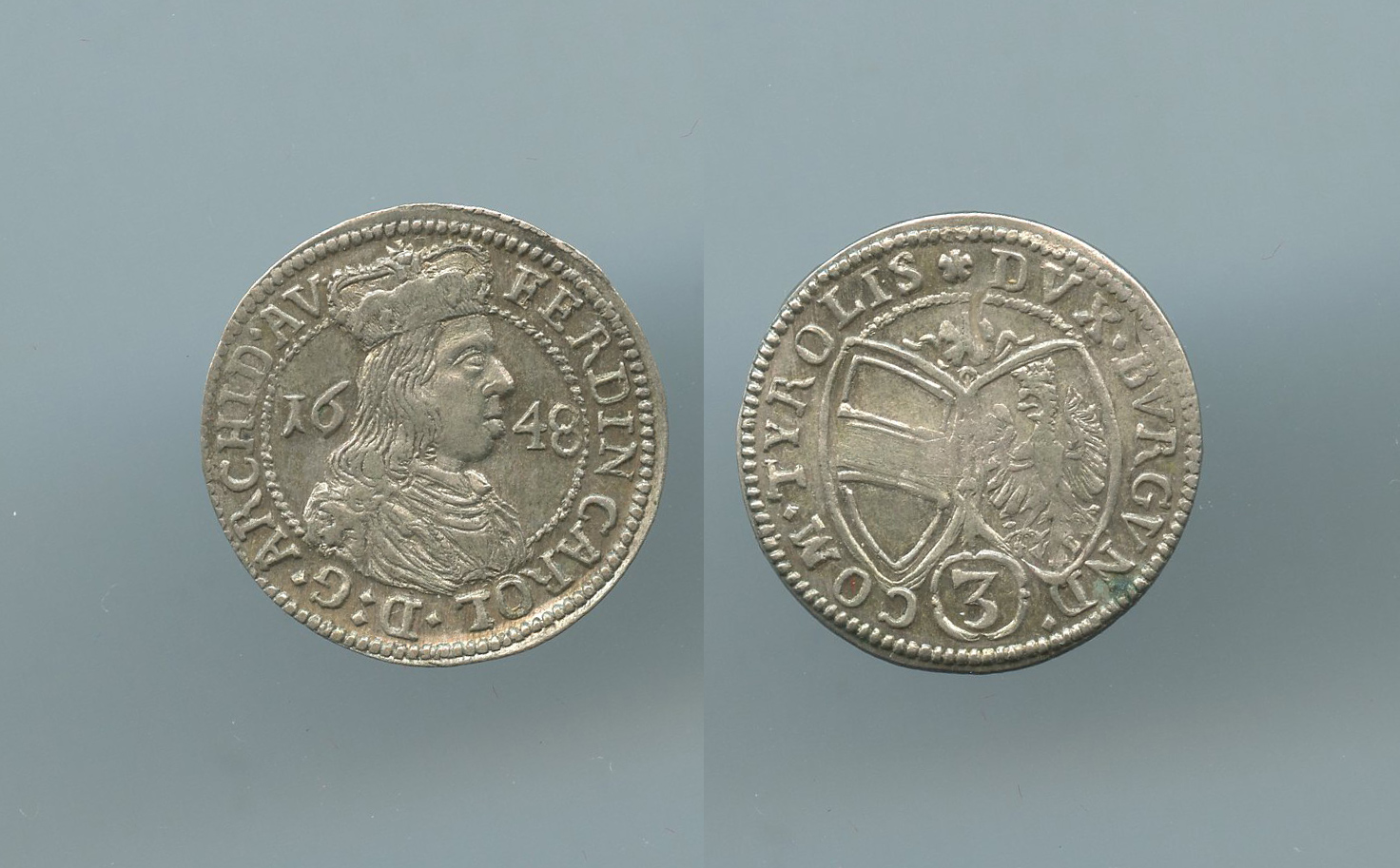AUSTRIA, Tirolo, Ferdinand Karl (1632-1662) 3 Kreuzer 1648 AUSTRIA, Tirolo, Ferdinand Karl (1632-1662) 3 Kreuzer 1648