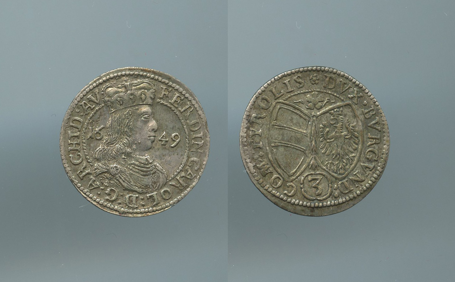 AUSTRIA, Tirolo, Ferdinand Karl (1632-1662) 3 Kreuzer 1649 AUSTRIA, Tirolo, Ferdinand Karl (1632-1662) 3 Kreuzer 1649