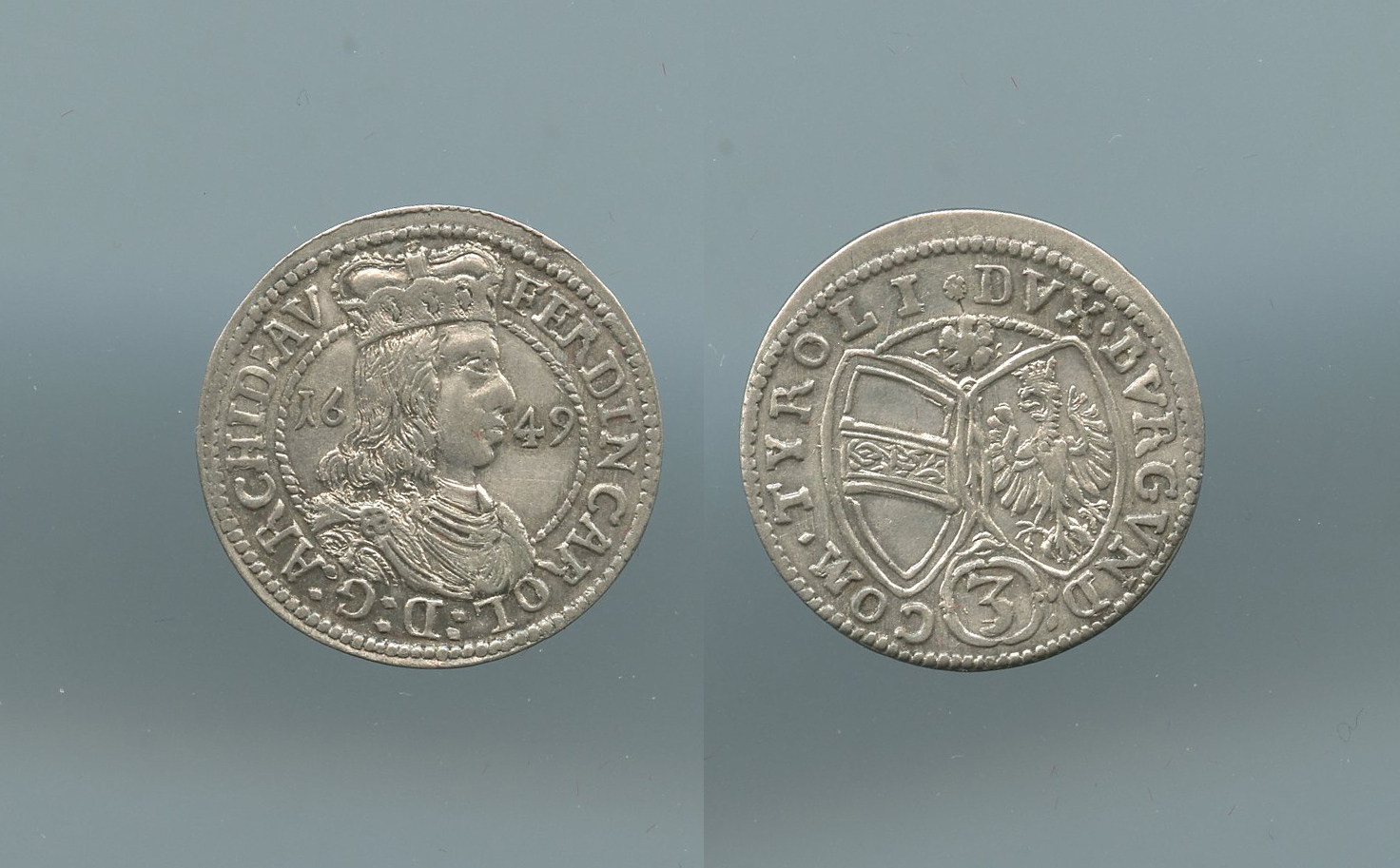 AUSTRIA, Tirolo, Ferdinand Karl (1632-1662) 3 Kreuzer 1649 AUSTRIA, Tirolo, Ferdinand Karl (1632-1662) 3 Kreuzer 1649