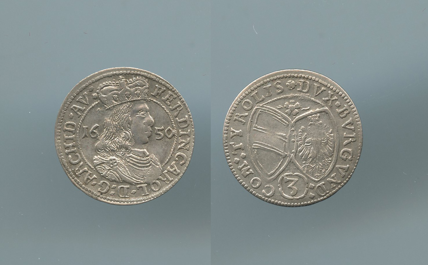 AUSTRIA, Tirolo, Ferdinand Karl (1632-1662) 3 Kreuzer 1650 AUSTRIA, Tirolo, Ferdinand Karl (1632-1662) 3 Kreuzer 1650