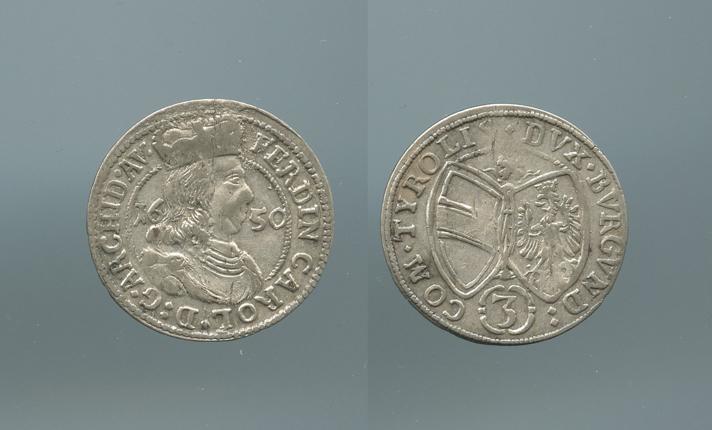 AUSTRIA, Tirolo, Ferdinand Karl (1632-1662) 3 Kreuzer 1650 AUSTRIA, Tirolo, Ferdinand Karl (1632-1662) 3 Kreuzer 1650