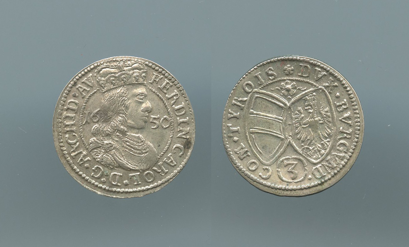 AUSTRIA, Tirolo, Ferdinand Karl (1632-1662) 3 Kreuzer 1650 AUSTRIA, Tirolo, Ferdinand Karl (1632-1662) 3 Kreuzer 1650