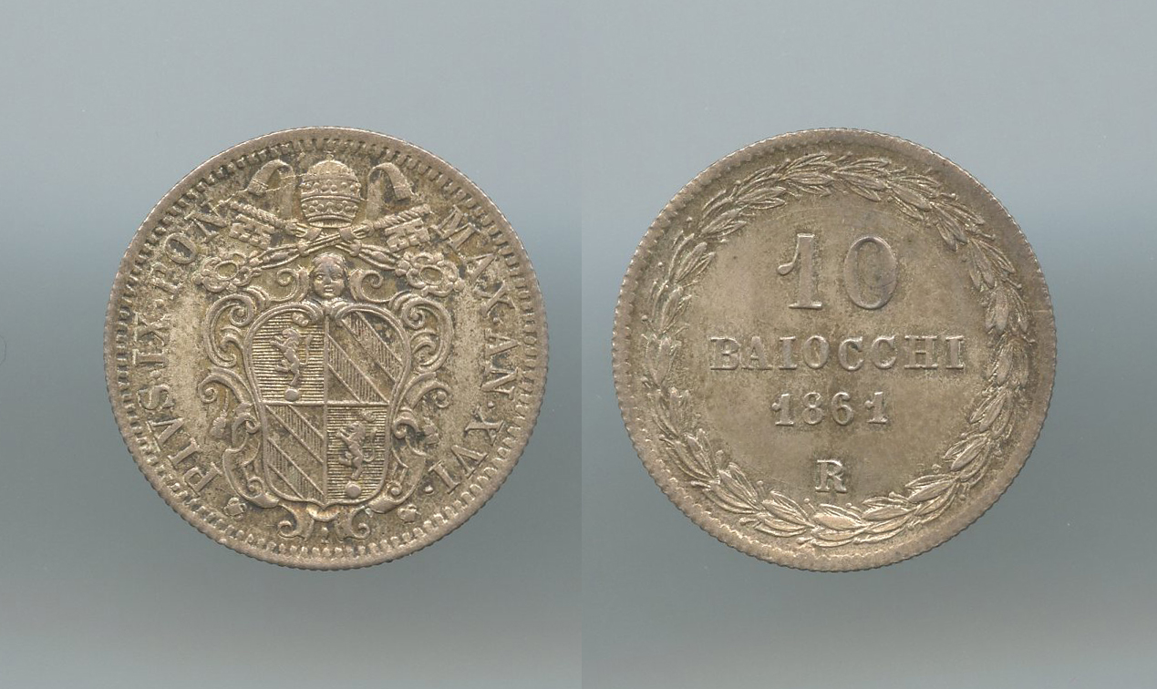 STATO PONTIFICIO, Pio IX (1846-1870) 10 Baiocchi 1861 A. XVI Roma STATO PONTIFICIO, Pio IX (1846-1870) 10 Baiocchi 1861 A. XVI Roma