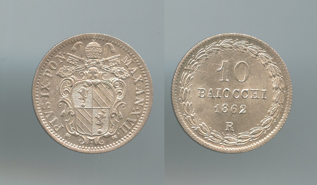 STATO PONTIFICIO, Pio IX (1846-1870) 10 Baiocchi 1862 A. XVII Roma STATO PONTIFICIO, Pio IX (1846-1870) 10 Baiocchi 1862 A. XVII Roma