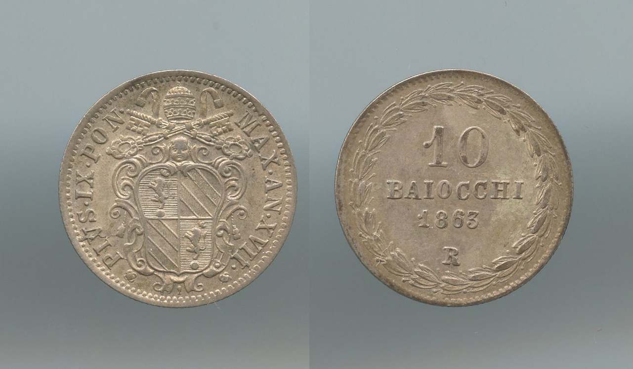 STATO PONTIFICIO, Pio IX (1846-1870) 10 Baiocchi 1863 A. XVII Roma
