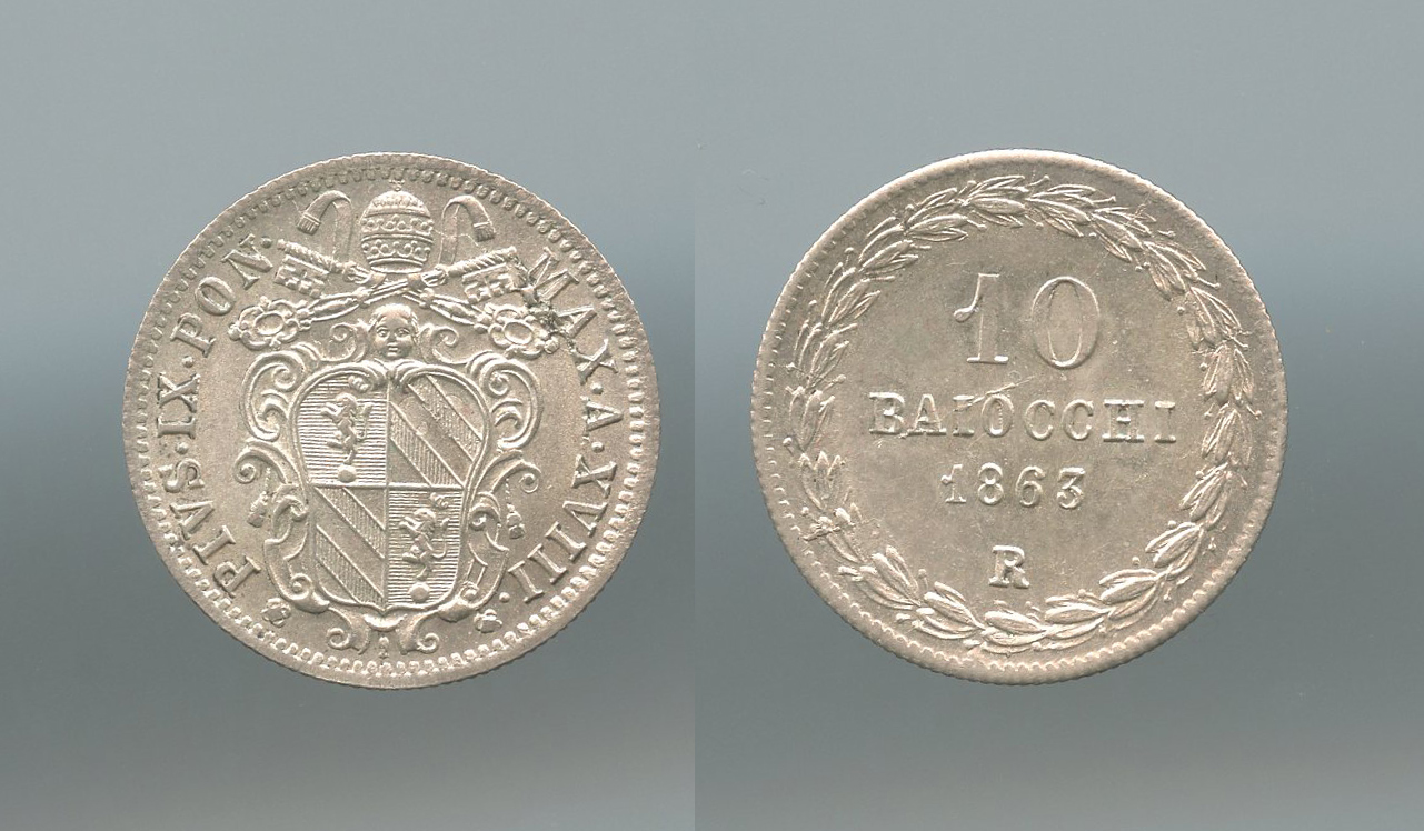 STATO PONTIFICIO, Pio IX (1846-1870) 10 Baiocchi 1863 A. XVIII Roma