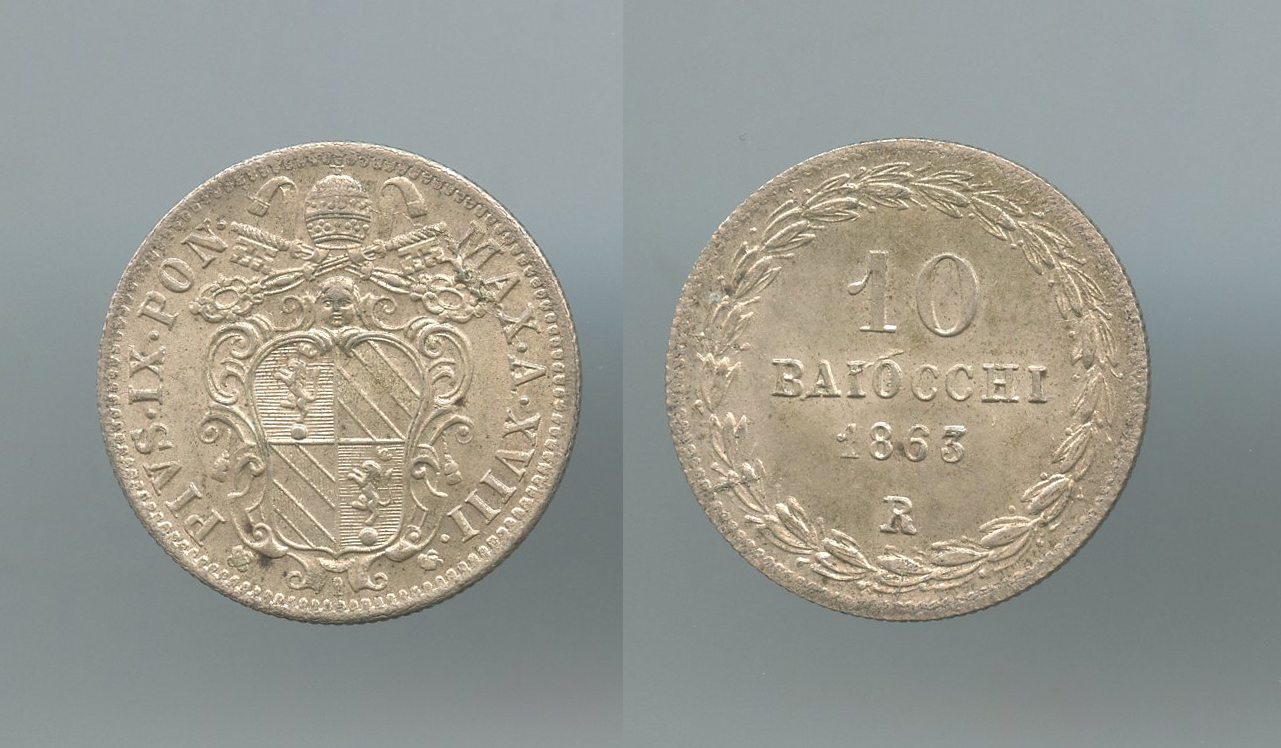 STATO PONTIFICIO, Pio IX (1846-1870) 10 Baiocchi 1863 A. XVIII Roma