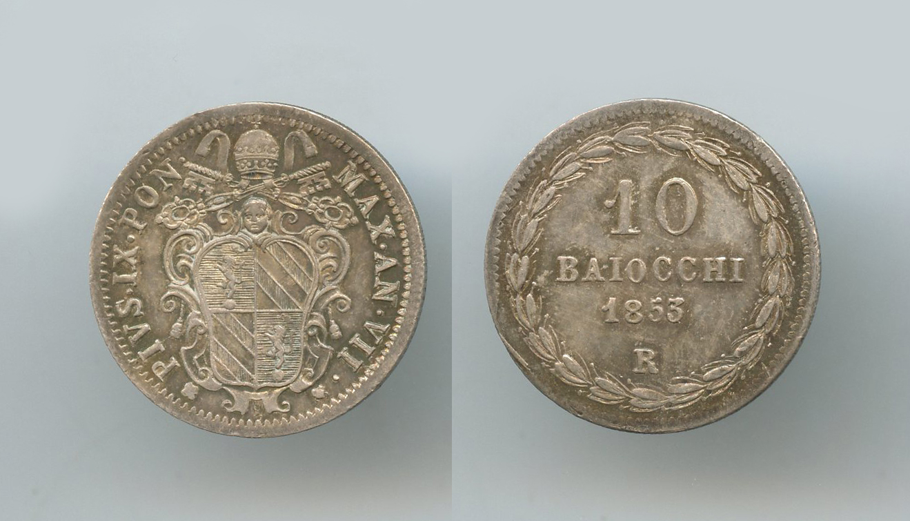 STATO PONTIFICIO, Pio IX (1846-1870) 10 Baiocchi 1853 A. VII Roma STATO PONTIFICIO, Pio IX (1846-1870) 10 Baiocchi 1853 A. VII Roma