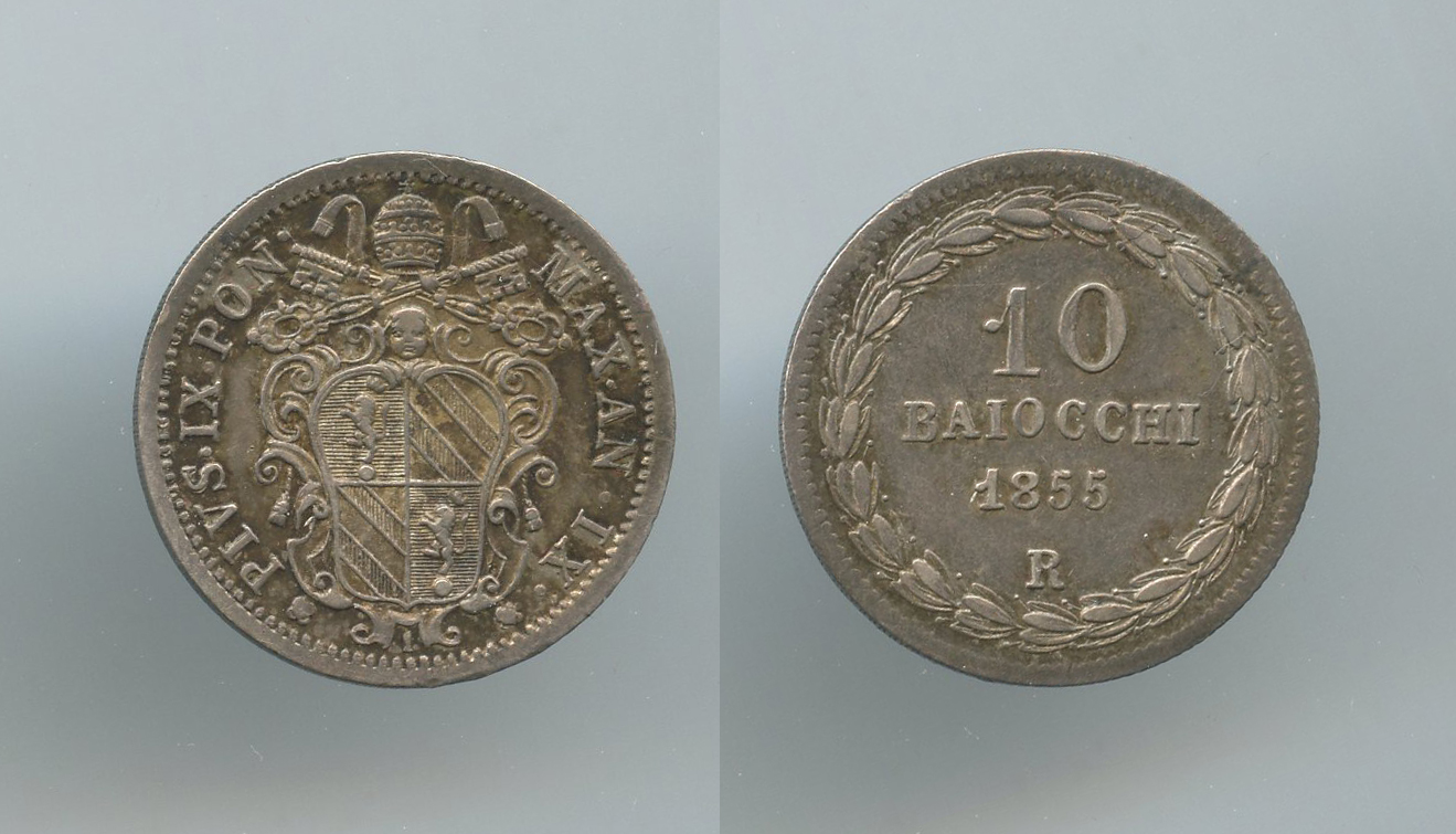 STATO PONTIFICIO, Pio IX (1846-1870) 10 Baiocchi 1855 A. IX Roma STATO PONTIFICIO, Pio IX (1846-1870) 10 Baiocchi 1855 A. IX Roma