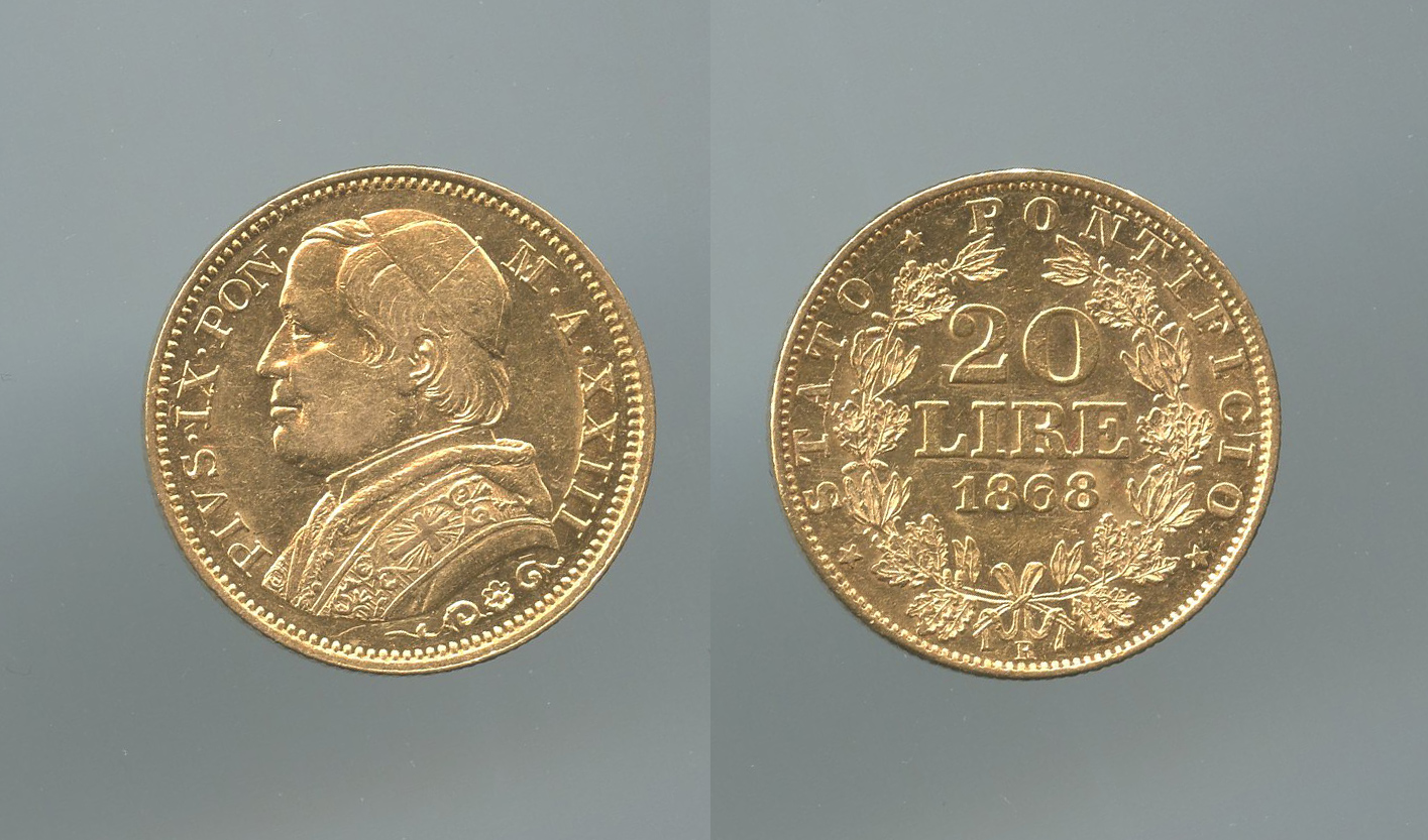 STATO PONTIFICIO, Pio IX (1846-1870) 20 Lire 1868 A XXIII STATO PONTIFICIO, Pio IX (1846-1870) 20 Lire 1868 A XXIII