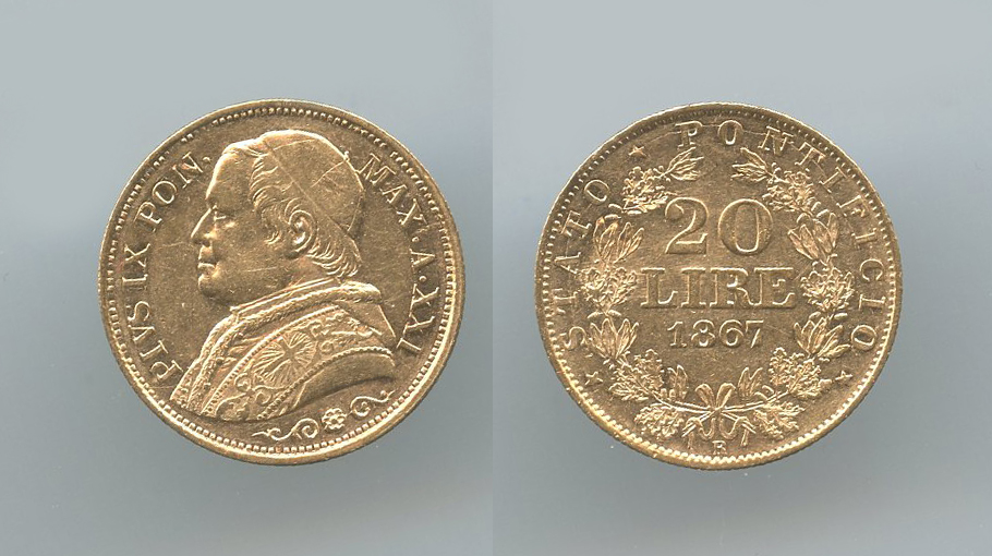 STATO PONTIFICIO, Pio IX (1846-1870) 20 Lire 1867 A. XXI STATO PONTIFICIO, Pio IX (1846-1870) 20 Lire 1867 A. XXI