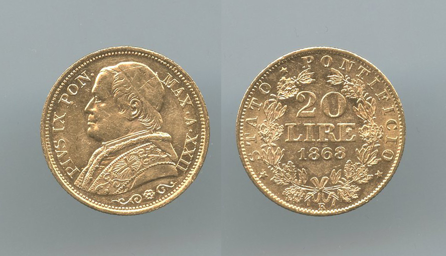 STATO PONTIFICIO, Pio IX (1846-1870) 20 Lire 1868 A. XXII STATO PONTIFICIO, Pio IX (1846-1870) 20 Lire 1868 A. XXII