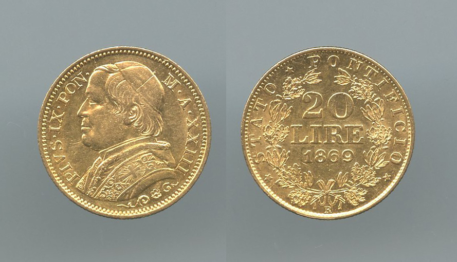 STATO PONTIFICIO, Pio IX (1846-1870) 20 Lire 1869 A. XXIII STATO PONTIFICIO, Pio IX (1846-1870) 20 Lire 1869 A. XXIII