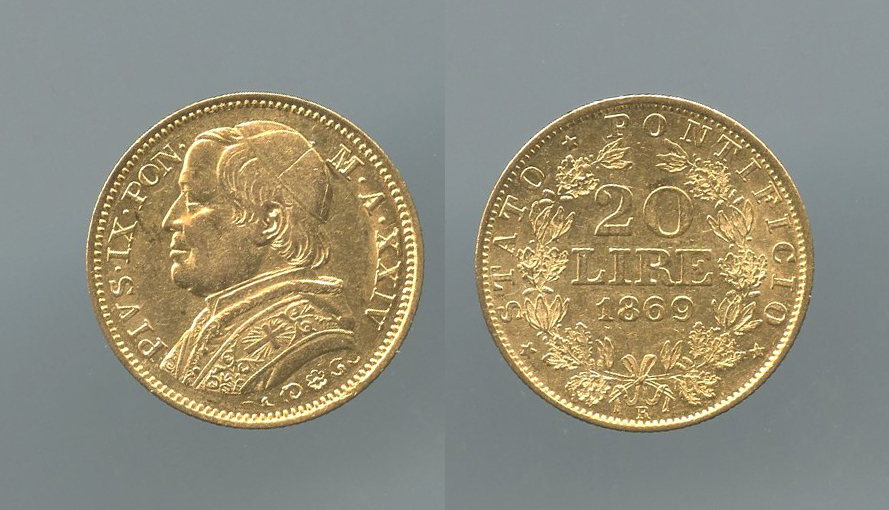 STATO PONTIFICIO, Pio IX (1846-1870) 20 Lire 1869 A. XXIV STATO PONTIFICIO, Pio IX (1846-1870) 20 Lire 1869 A. XXIV