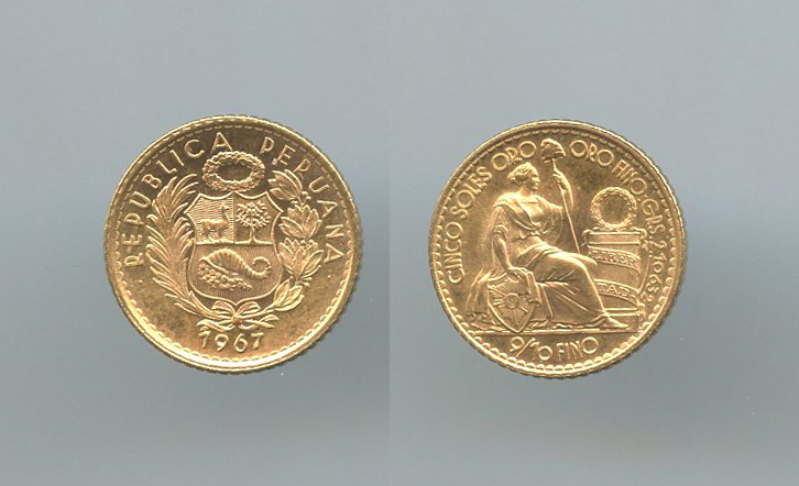 PERU, Repubblica, 5 Soles 1967 PERU, Repubblica, 5 Soles 1967