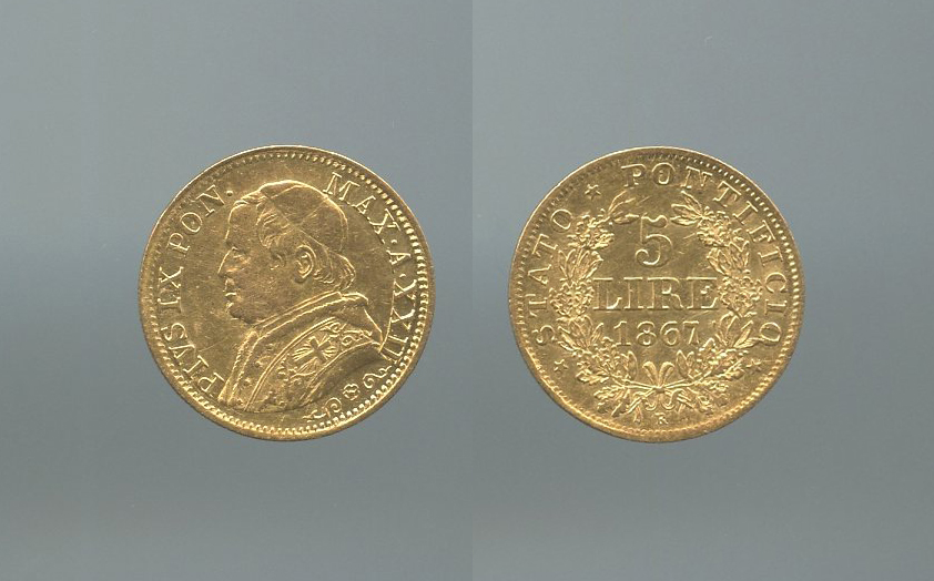 STATO PONTIFICIO, Pio IX (1846-1878) 5 Lire 1867 A. XXII STATO PONTIFICIO, Pio IX (1846-1878) 5 Lire 1867 A. XXII