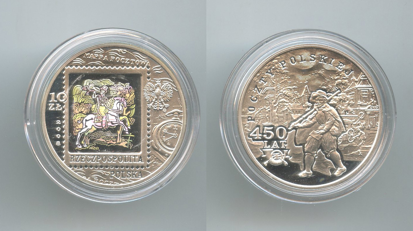POLONIA, 10 Zlotych 2008 "450 anni della Posta polacca"
