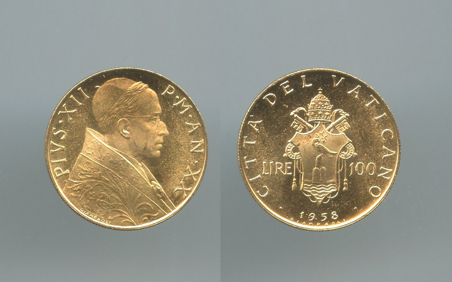 VATICANO, Pio XII (1939-1958) 100 Lire 1958 A. XX VATICANO, Pio XII (1939-1958) 100 Lire 1958 A. XX