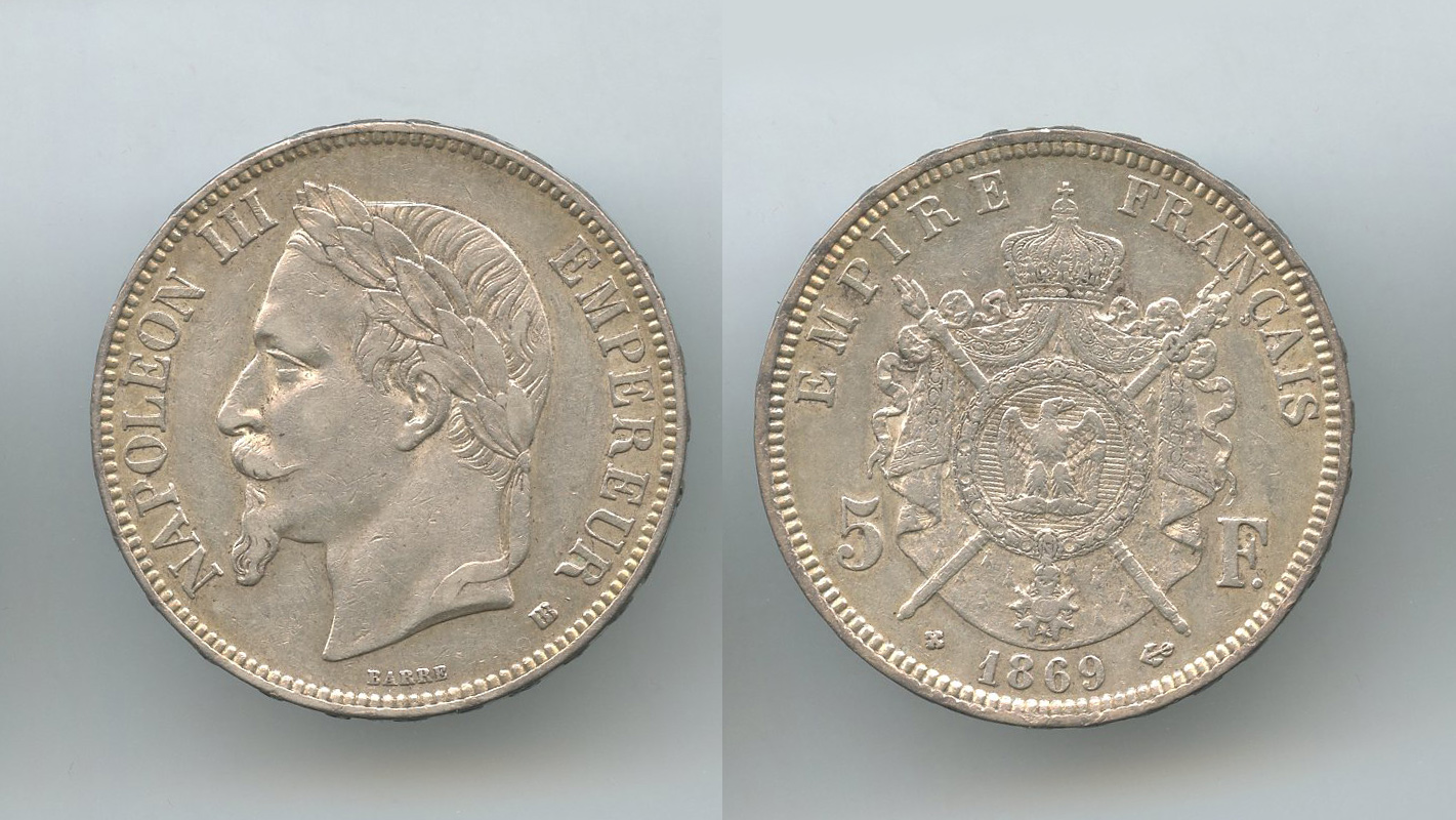 FRANCIA, Napoleone III (1852-1870) 5 Francs 1869 BB