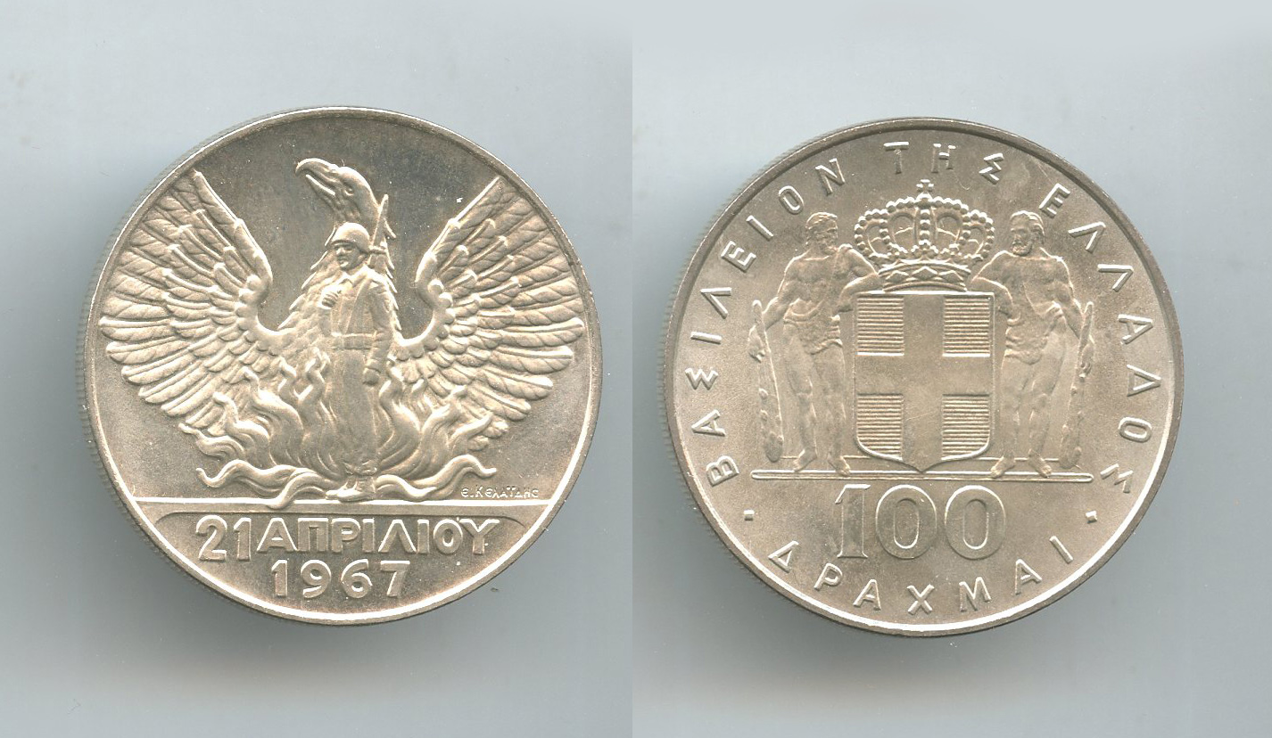 GRECIA, Costantino II (1964-1973) 100 Drachmai 1967
