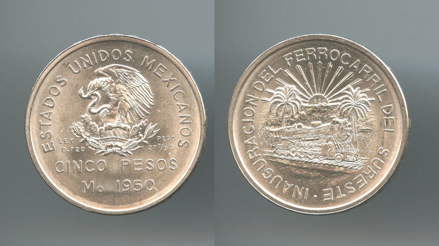 MESSICO, 5 Pesos 1950 "Ferrocarril del Sureste"